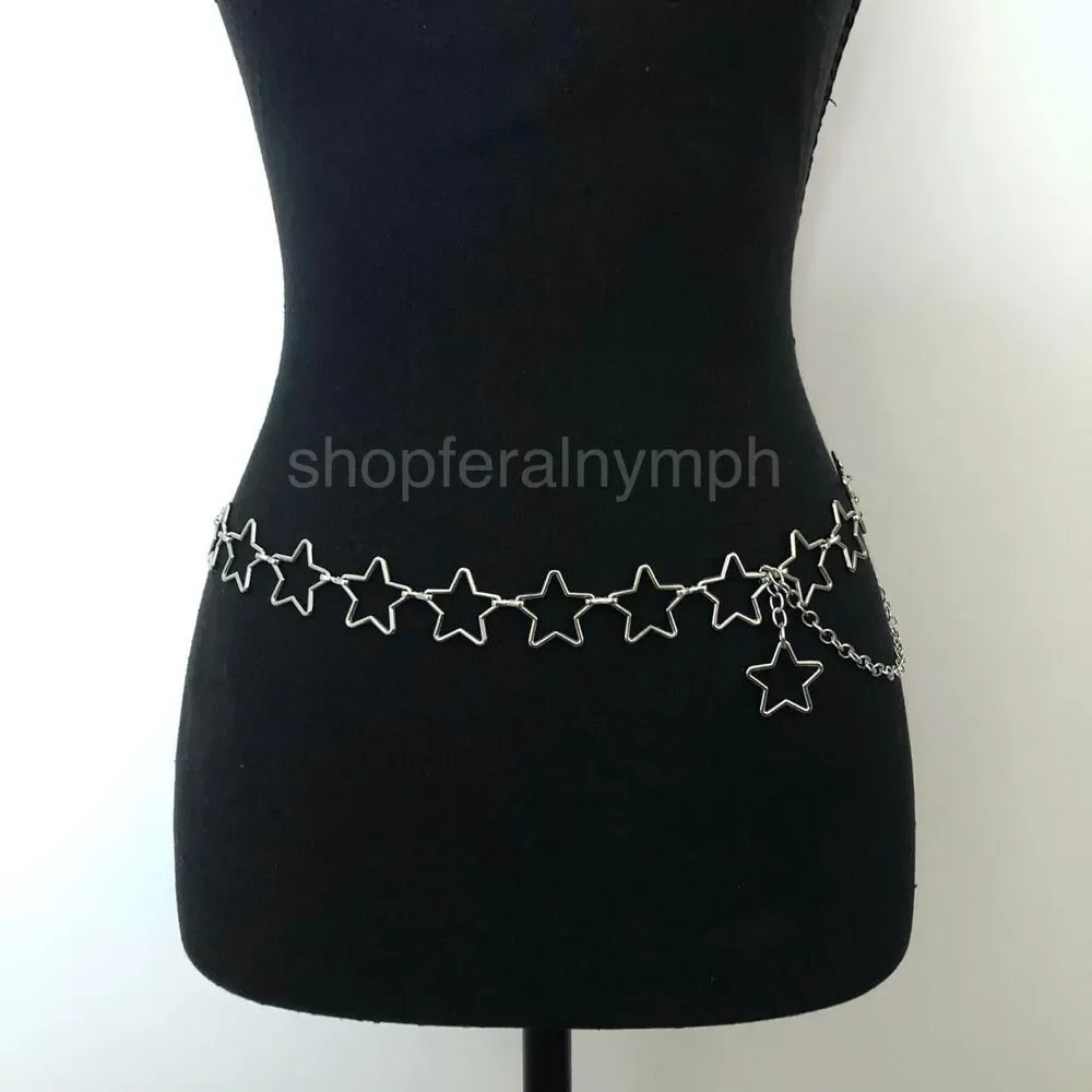 Vintage Y2K Cyber Star Silver Chain Belt, Fits 20.5–39.5 Inches, X7GA1177